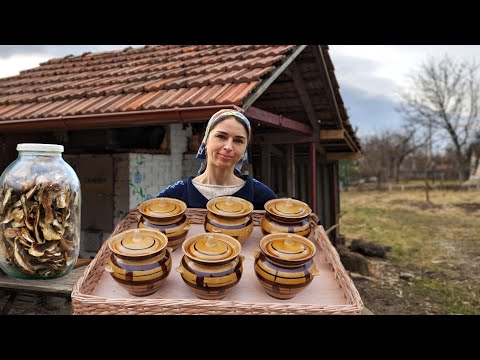 Cooking in Clay Pots. Wild mushrooms with meat and potatoes. ASMR FOOD  in village