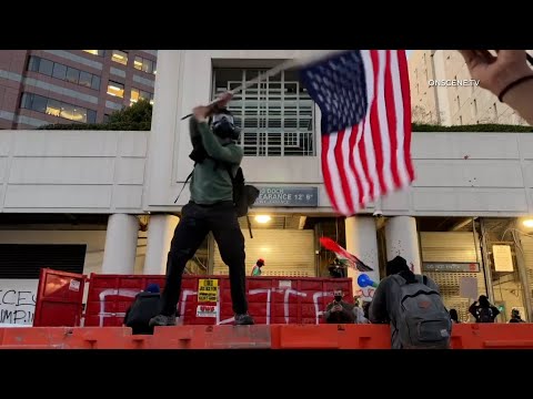 ICE Protesters Clash with Police And Set Fire, Downtown LA