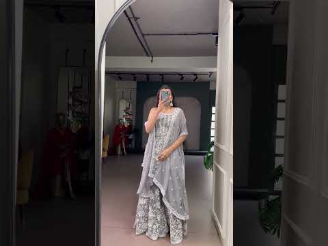 Gray Premium Star Georgette Sequins & Thread Embroidered Stitched Suit Set Top, Bottom & Dupatta