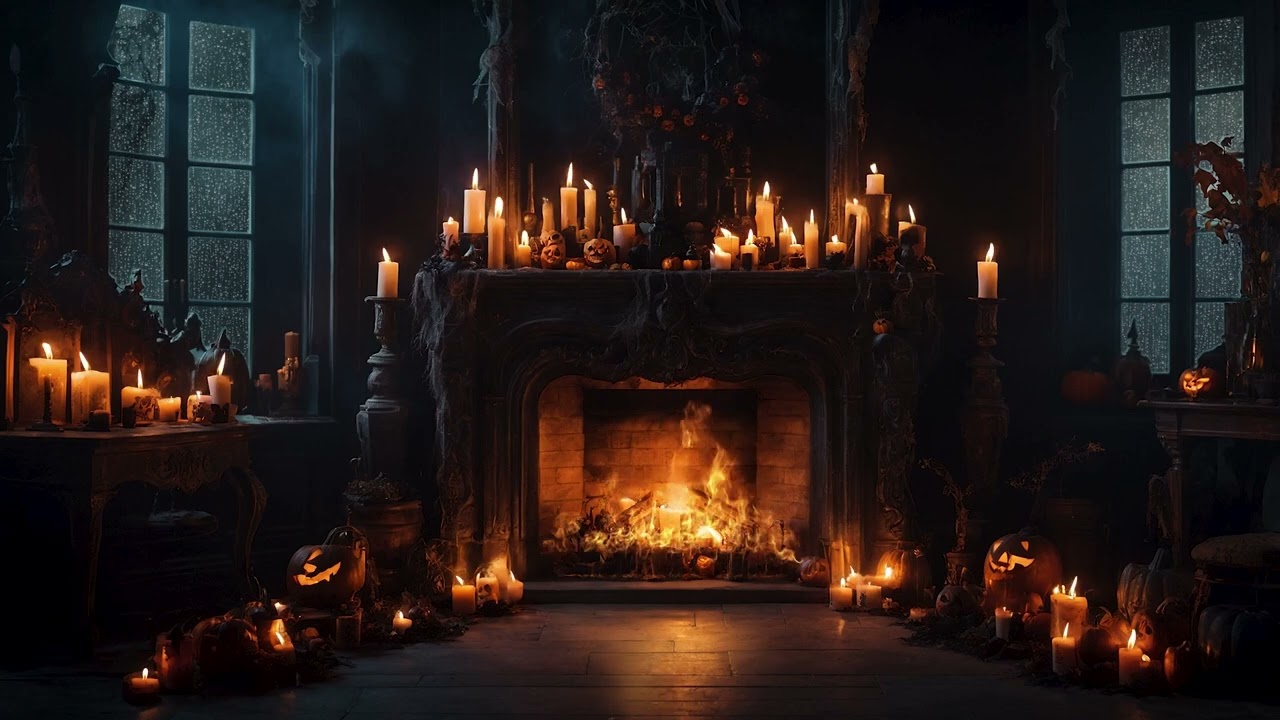 Spooky Halloween Fireplace Ambience | 🦇🦇 Stormy Night with Crackling Fire, Haunted Halloween Mansion