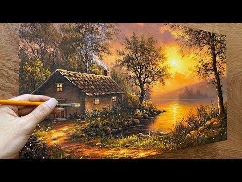 How to draw a house by the lake / Sunset landscape / Beautiful acrylic landscape painting / A Lu Art