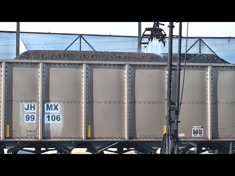BNSF & UP Coal Cars - Coal Filling Silo and Coal Sprayers - Powder River Basin Mines, Wyoming