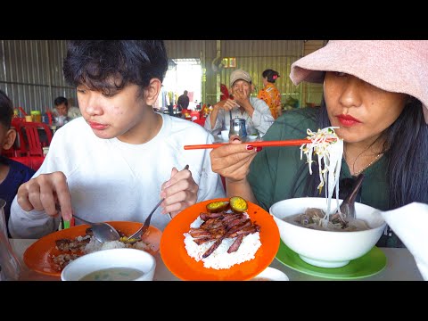 Breakfast at Angtasom - Pork rice with egg, beef rice with young tamarind sauce, and noodle soup