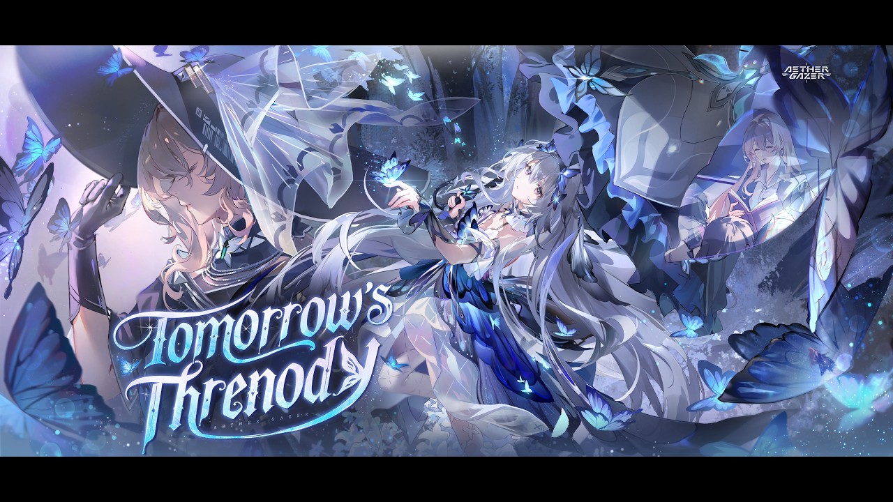 Frame from the Tomorrow's Threnody version trailer on the official Aether Gazer channel, the version that ran 42 days from June 23 to August 3, 2026 and that Echoes of the Past replaces with a 28-day cycle.