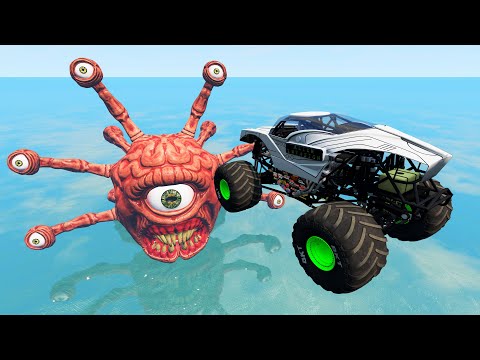 Extreme Descent of Cars and Jumping into the Water with Giant Beholder - BeamNG.Drive