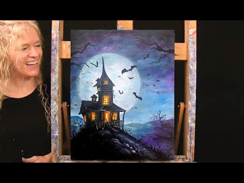 HALLOWEEN Learn How to Draw and Paint with Acrylics HAUNTED HOUSE-Art tutorial-Paint and Sip at Home
