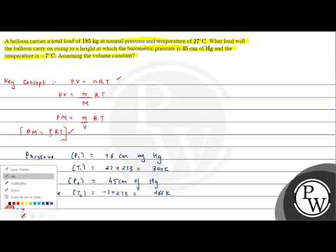 A balloon carries a total load of \( 185 \mathrm{~kg} \) at normal pressure and temperature of \...