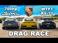 700hp Supra v 840kg RX-7 v Porsche 911: DRAG RACE