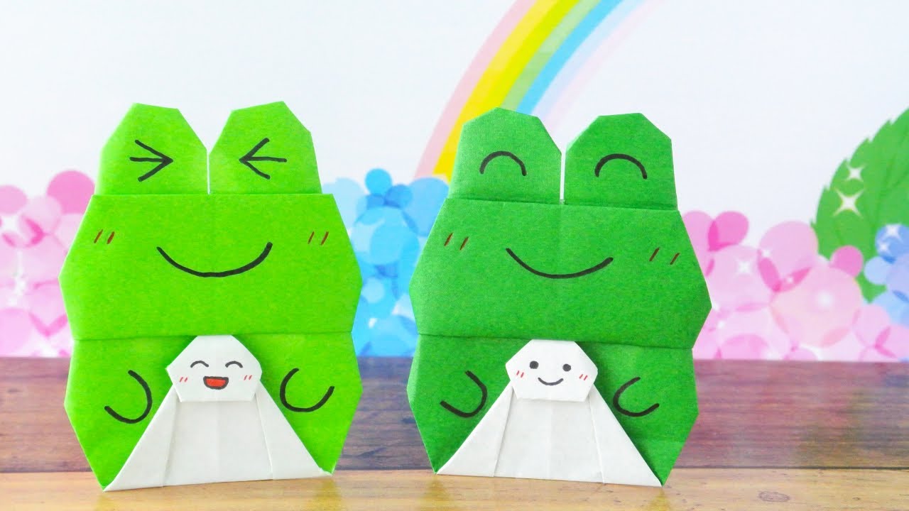 【折り紙】1枚でカエルとてるてる坊主の作り方 [Origami]  Frog with Teru teru bōzu instructions