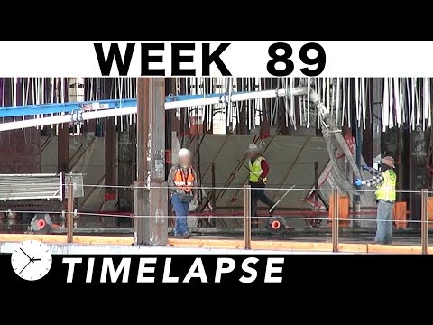 One-week construction time-lapse with 33 closeups: Ⓗ Week 89: Cranes, concrete, bulldozer, more