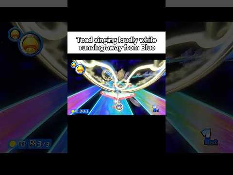 Toad singing loudly while running away from blue