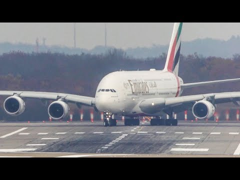 AIRBUS A380 CROSSWIND LANDING and DEPARTURE + AIRBUS A340-500 Departure during bad weather (4K)