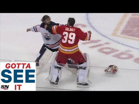 A Goalie Fight Escalated Into A Team Brawl Between The  Calgary Flames And Edmonton Oilers