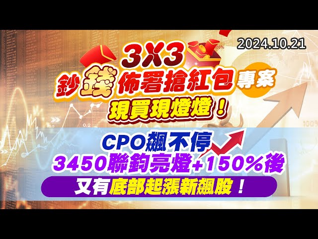20241021《股市最錢線》#高閔漳 “3X3鈔錢佈署搶紅包專案，現買現燈燈！”“CPO飆不停，3450聯鈞亮燈+150%後，又有底部起漲新飆股！！”