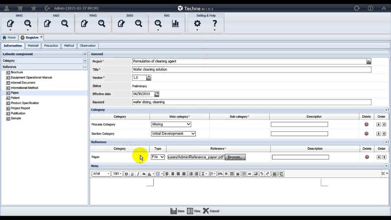 TechneMine 3.0 - Simple Labnote (Assay) Registration with AMS