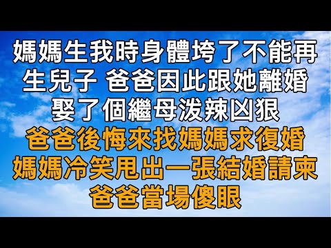 媽媽生我時身體垮了，醫生說不能再生兒子。爸爸因此跟她離了婚，娶了個繼母。繼母泼辣凶狠，爸爸後悔了，來