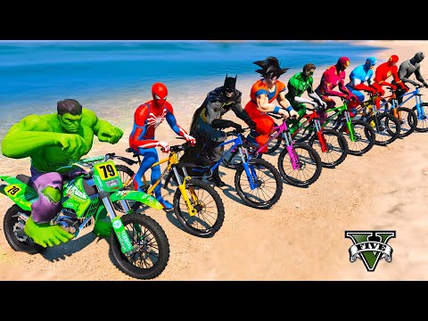 SUPERHEROES ARMY vs SPIDERMAN MOTORBIKES & BICYCLES BEACH RACING CHALLENGE,HULK MOTOS STUNTS - GTA 5