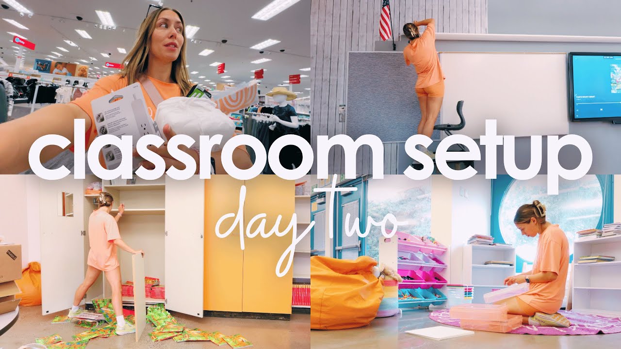 CLASSROOM SETUP DAY TWO | wallpaper, decluttering, & organizing
