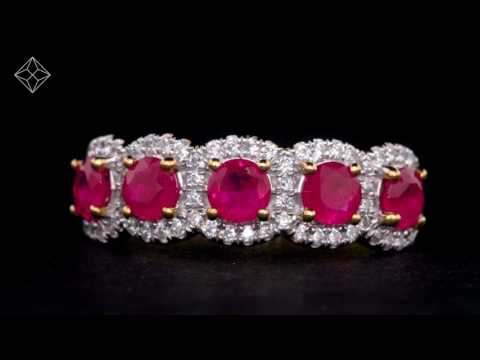 RUBY AND DIAMOND HALO 5 STONE ASTERIA RING IN 18K WHITE GOLD VERSION - FT87-TY
