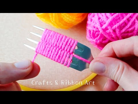 Super Easy Woolen Flower Making Trick Using Fork -Hand Embroidery Amazing Flower Design -Sewing Hack