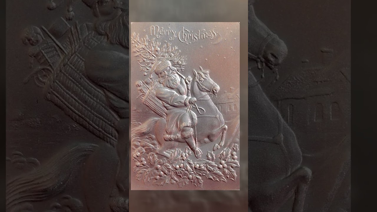 German Embossed Christmas Postcard, Santa on Horse, Early 1900s Video