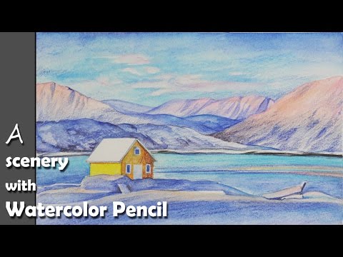 Mountains and Pine Tress Watercolor Pencil Landscape Drawing | steps to follow