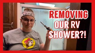 RV Bathroom Renovation // Removing Glass Shower Doors // Jayco North Point 377RLBH