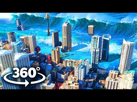 VR 360 BIRD'S-EYE VIEW OF THE TSUNAMI  -  Natural Disaster IN A REAL CITY