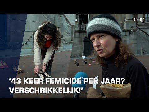 43 Paar vrouwenschoenen op Grote Markt: "Femicide moet worden uitgebannen, we starten in Groningen"