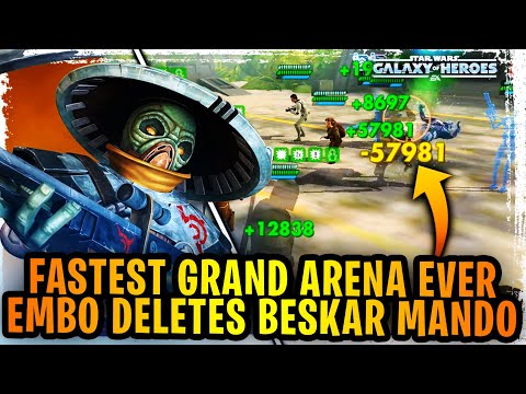 Literally the Fastest Grand Arena Ever - No Stalling - Embo Deletes Beskar Mando From SWGoH