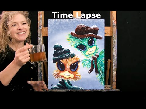TIME LAPSE - Learn How to Paint SNOWY OSTRICHES with Acrylic - Animal Portrait Step by Step Tutorial