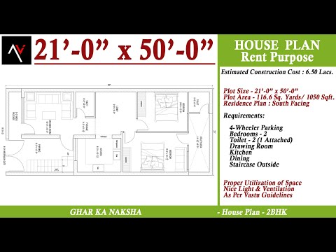 21x50 Ghar ka Naksha | 1050 Sqft House Plan | 116 Gaj ka Makan | 2 Room Set | South Face | Residence