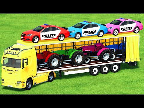 TRANSPORTING UNIVERSAL TRACTORS & CHEVROLET POLICE CARS WITH SCANIA TRUCK - Farming Simulator 22