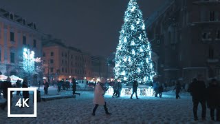 Snowy Scenic Walk in Krakow, Poland, Old Town Christmas Market 4K ❄️