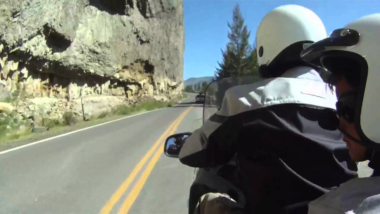 Riding past the Tower Fall Overlook in Yellowstone National