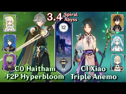 C0 Alhaitham F2P Hyperbloom & C1 Xiao Triple Anemo | Spiral Abyss 3.4 - Floor 12 9⭐| Genshin Impact