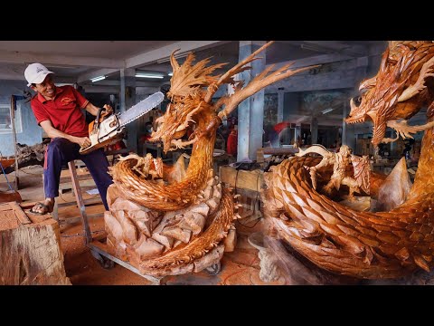 amazing huge wood carving lord warrior fighting dragon