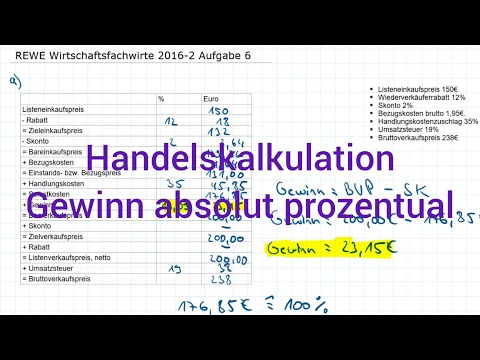 REWE Wirtschaftsfachwirte 2016-2 Herbst Aufgabe 6 - Handelskalkulation, Gewinn absolut prozentual