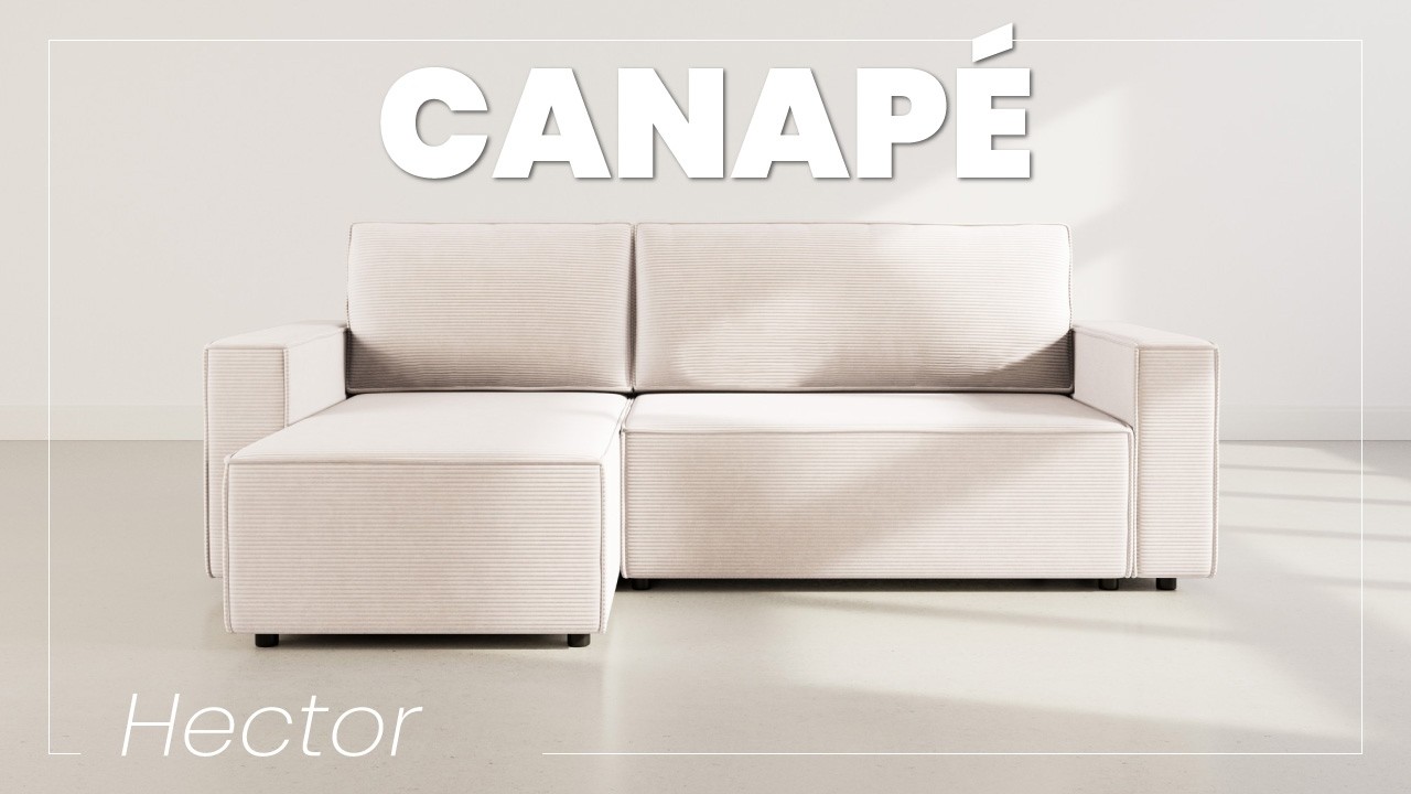 Thumbnail video of the produit Hector - Canapé d'angle réversible 4 places convertible avec coffre en velours côtelé