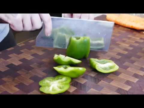 A few ways to cut bell peppers featuring a Rick Petko cleaver made in Damasteel