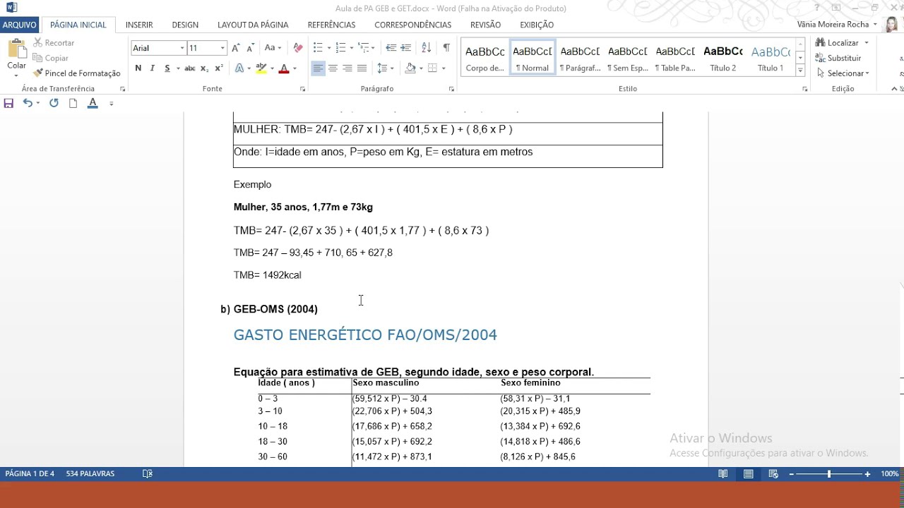 Fórmulas para cálculo de Metabolismo Basal e Gasto Energético Total