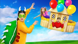 Arina & friends adventure with balloon house and dinosaur chase