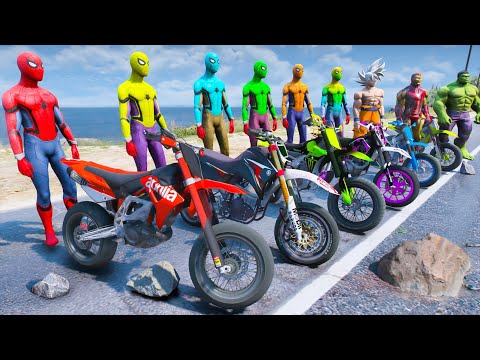 SPIDERMAN ON MOTORCYCLE RAMP CHALLENGE WITH HEROES - GIANT BIKE OBSTACLE