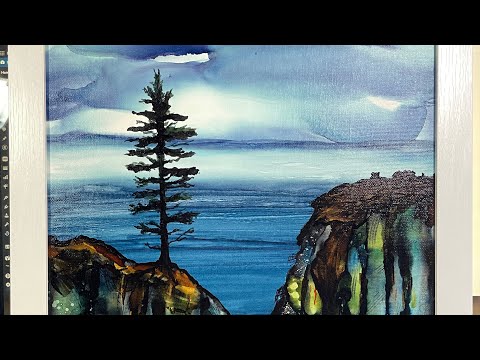 Alcohol inks techniques, creating a beautiful colorful rocky cliff