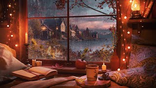 Autumn Rainfall on Window | Relaxing Rain Sounds With Fireplace for Sleep, Study, and Meditation