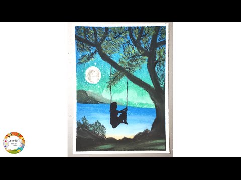 Girl On Swing | Seascape BeachPastel  Painting | Tutorial | Easy | Moonlight Landscape