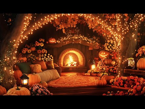 Cozy Autumn Night in a Pumpkin Wonderland | Relaxing Fireplace Sounds for a Magical Fall Evening 🎃