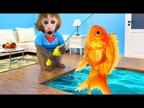 Monkey Baby Bon Bon  goes fishing and bathes with ducklings in the swimming pool