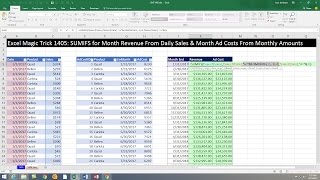 Excel Magic Trick 1405: Monthly Totals Report: Sales from Daily Records, Costs from Monthly Records
