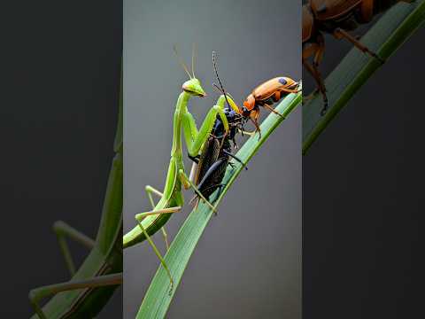 The Praying Mantis and the Bombardier Beetle Fight Over the Cricket #bombardier #prayingmantis